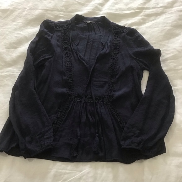 Ellie & Kate Navy Blue Long Sleeve Open Cutwork V-Neck Top w/Tassels, Size L - Picture 14 of 14